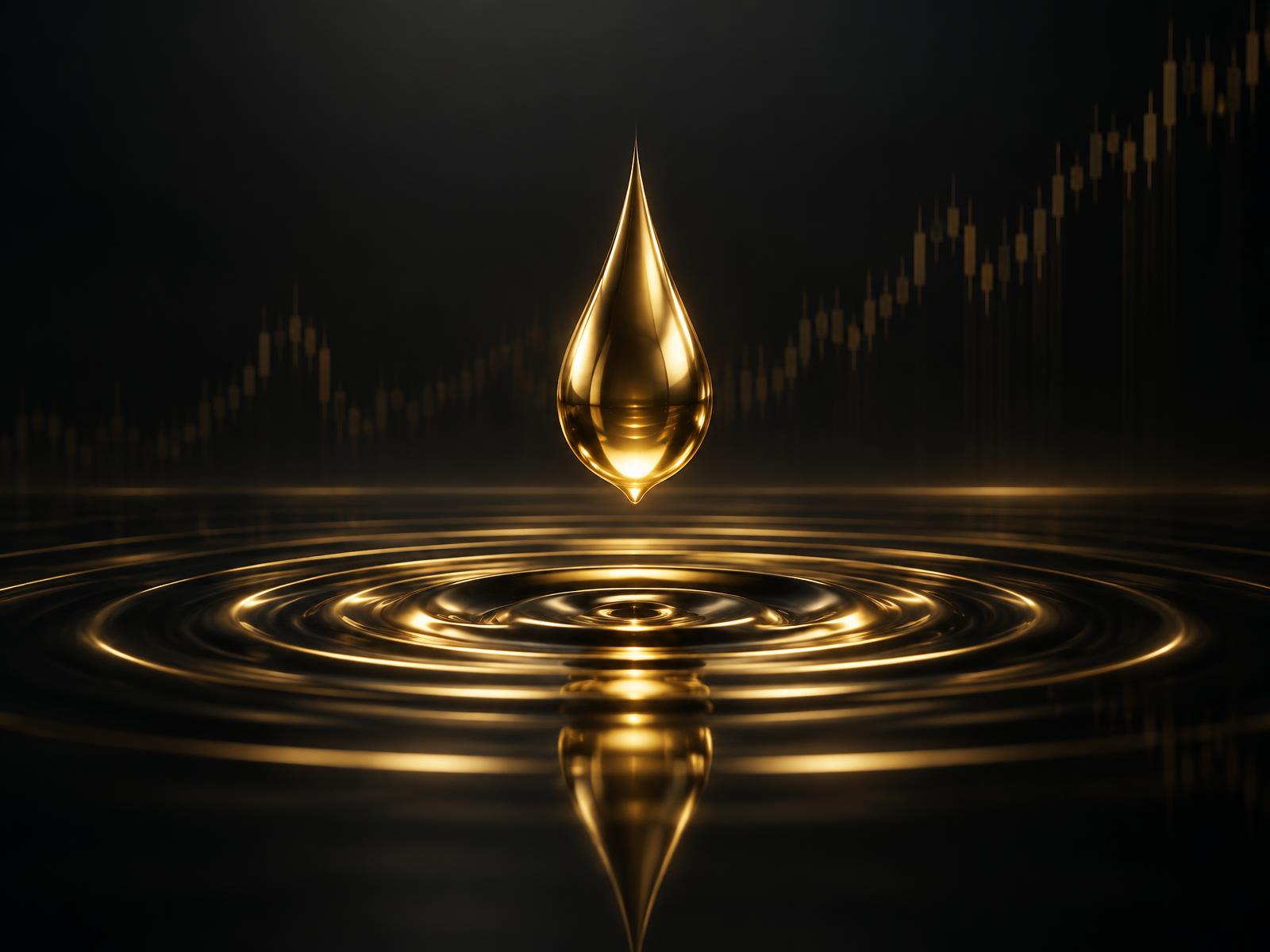 A luminous gold droplet suspended above concentric golden ripples